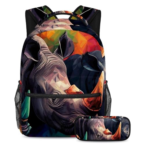 Cartable rhinocéros mosaïque grand format avec trousse assortie pour l'école primaire