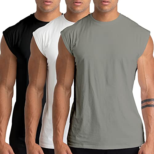 Holure 3 Pack Men's Gym Tank Tops Workout Sleeveless T-Shirts Athletic Muscle Tank Training Bodybuilding Shirtsblack/White/Grey L #TOP17