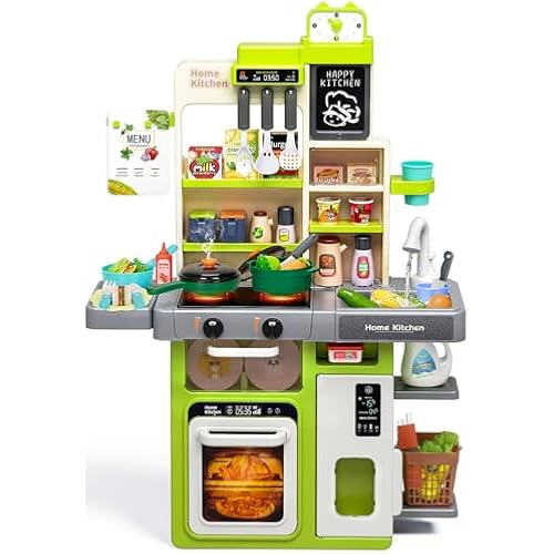 Kids Play Kitchen Set, Toddler Kitchen Playset with Sound & Light, Cooking Stove with Steam, Play Sink, Play Food Toy and Kitchen Accessories, Kitchen Toy for Kids Girls Boys (31.5 * 22 * 8.6in)