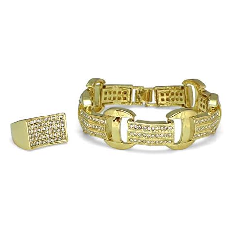 NewAgeBling Mens 2pc Iced Bracelet Ring Set 14k Gold Plated Hip Hop Fashion (6) Cover