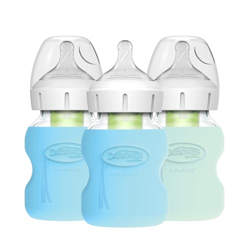 Image of Dr. Brown's Natural Flow Anti-Colic Options+ Wide-Neck Glass Baby Bottles 5 oz/150 mL, with Level 1 Slow Flow Nipple, 3 Pack with Blue & Mint 100% Silicone Sleeves, 0m+