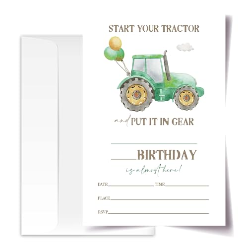 Invitaciones de cumpleaños de tractor verde premium tarjetas de cartulina con sobres 4x6 pulgadas