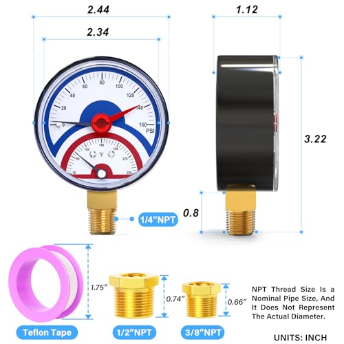 MEANLIN MEASURE 0-160Psi Thermal Pressure Gauge,0-250℉ 1/4