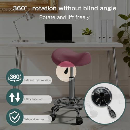Image of Saddle Stool Adjustable Height Ergonomic Swivel Chair | PU Leather Saddle Seat without Back and Ring Pedal for Salon, Spa, Medical, Massage & Drafting Use Pink