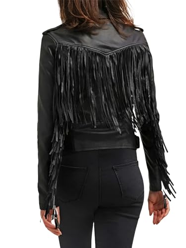 Women's Stylish Fringe Genuine Biker Leather Jacket - Classic Black Tassel Motorcycle Leather Jacket3