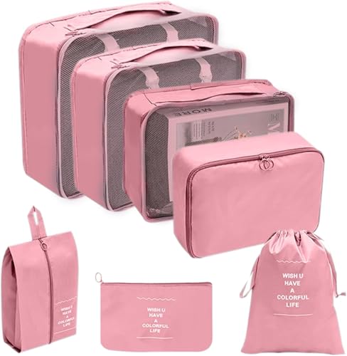 Image of 7 Pcs Travel Organizer Bag Set for Luggage | Waterproof Packing Cubes for Clothes, Shoes & Toiletries | Foldable Travel Storage Bags for Men & Women | Black Travel Pouch Set (PINK)