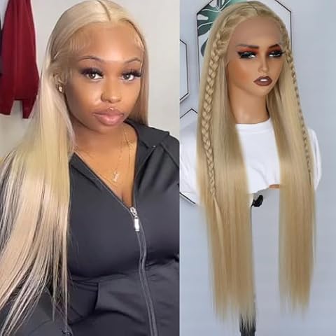PlatinumHair 32 Inch Blonde Lace Front Wigs Pre Plucked Long Straight Hair Wigs Glueless Light Blonde Colored Wigs Heat Resistant Blonde Synthetic Lace Front Wigs for Black Women Cover