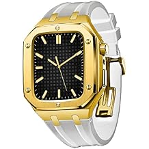Switch Smart Watch Case for Apple Watch Band Mod Kit 45mm 44mm, Rubber Strap Color Gold White, Size 44MM for 6/5/4/SE