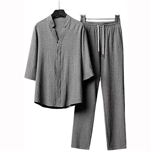 Set da 2 Pezzi in Lino da Uomo Completi Estivi per Le Vacanze al Mare, Camicia a Maniche Corte Casual abbottonata Set di Pantaloni Lunghi Larghi (X-Large,Grey)