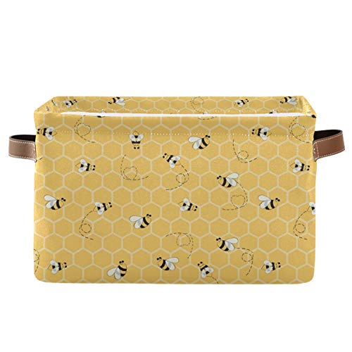 Cute Animal Bee Square Storage Basket Bin Canvas Fabric Compressible Organizer Basket with Handle for Bedroom Nursery Office, 1PCS