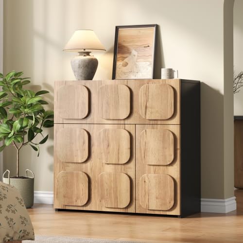 vutizal Aparador retro con 4 puertas y aspecto de madera, cómoda vintage con marco negro, mueble de almacenamiento estrecho para salón y pasillo, 80 x 35 x 82 cm