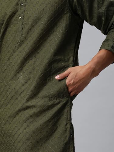 Image of Majestic Man Men's Cotton Blend Regular Fit Casual Polyester Mandarin Collar Ethnic Motifs Embroidered Long Regular Kurta