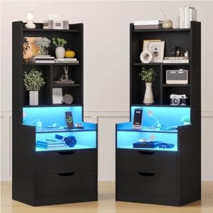 ADORNEVE Charging Nightstand Set of 2 with LED Lights,Tall Night Stand with Bookshelf,Bedside Table with Drawers,Black Side Tables Bedroom