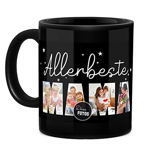 Tassendruck Schwarze Tasse mit Spruch - Allerbeste Mama - zum selbst gestalten mit Foto-Collage für 4 Fotos, Geschenk für Mama, Muttertag | 300 ml, personalisiertes Geschenk