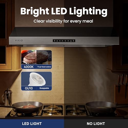 Image of VIKIO HOME 36 inch Under Cabinet Range Hood, Black Stainless Steel (PVD) Kitchen Hood with 1200 CFM,1.5 Sones Quiet for Stove Vent Hood, Hood Vent with 3 Speed Gesture Sensing&Touch Control Panel