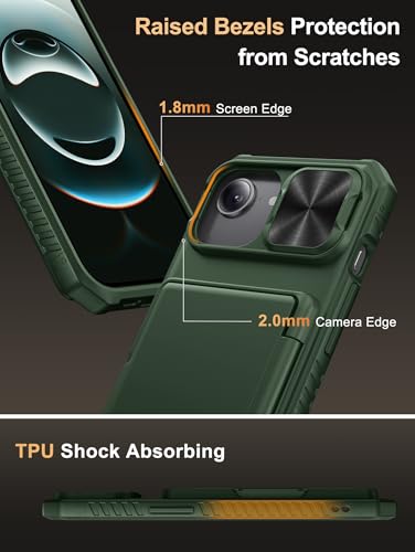 Image of Vihibii for iPhone 16e Back Cover Wallet with Card Holder (4 Cards) [RFID Blocking] & Slide Camera Cover, Military Grade Drop Protection, Rugged Back & Silicone Edge Case for 16e 2025 6.1 inch, Green