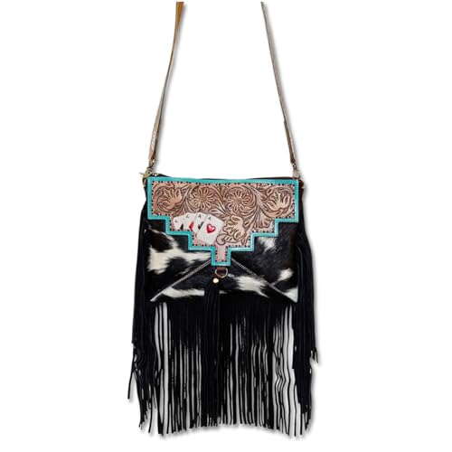Western Aces Handbag, Cowhide Crossbody Poker Shoulder Bag Purse with Fringes Tooled Leather Brown Messenger Purse3