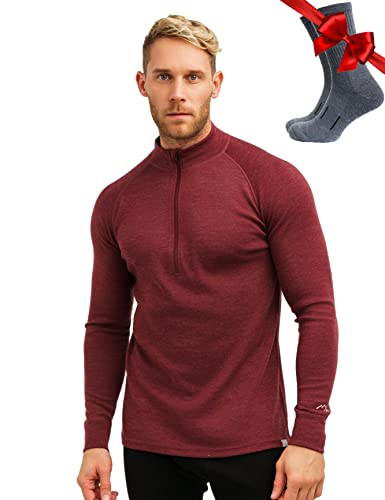 Merino Wool Base Layer Mens - Wool Half Zip Sweater Men - Merino Quarter Zip Sweater Lite, Midweight, Heavyweight and Socks (Large, 320 Burgundy)