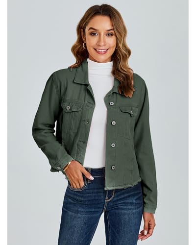 Image of luvamia Denim Jacket for Women Distressed Jean Jackets Button Up Vintage Western Trucker Jacket Frayed Hem Pockets