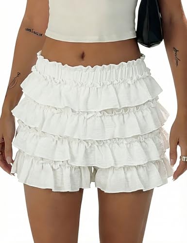 FOMELY Womens Ruffle Shorts Bloomers Micro Y2K Shorts Bloomers for Women Puffy Mini Shorts Off-White