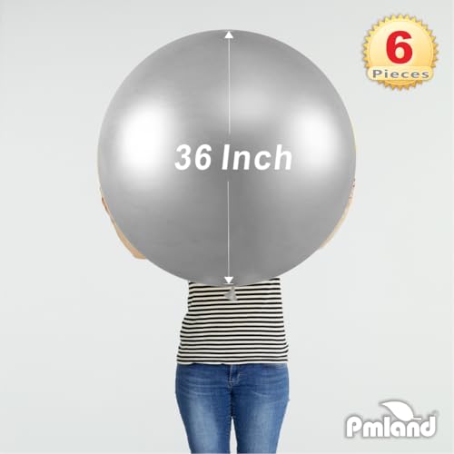 Image of PMLAND 6 Pcs Silver 36 Inch Giant Balloons for Birthday Party Decorations | Silver 36 inch jumbo balloons for birthdays, weddings, graduations, backdrops, balloon arches, helium use and event decor.