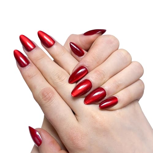 Magnetic Cat Eye Press-On Nails – Salon-Ready Almond Shape | Glossy, Reusable | 32 Pcs with Glue | Quick DIY Manicure Kit (Ruby Cat Eye)
