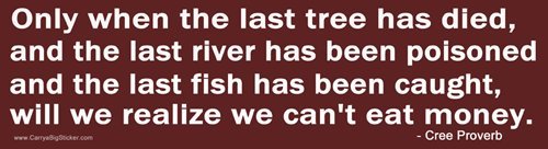 Bumper Sticker. Only When The Last Tree Has Died And The Last River Has Been Poisoned And The Last Fish Has Been Caught Will We Realize That We Can't Eat Money. Cree Proverb #TOP18