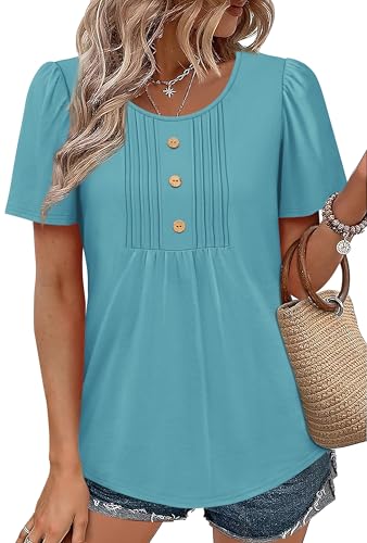 Image of Womens Tops Dressy Casual Blouses Short Sleeve Shirts Plus Size Fashion Clothing Spring Summer Outfits Button Pleated Front