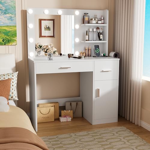 Image of Furmax Vanity Desk with Lighted Mirror 3 Modes & Power Outlets, Makeup Vanity Table with Drawers, Cabinet and Open Shelves, for Bedroom & Dressing Room (White)