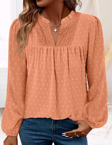 BETTE BOUTIK Women Boho Long Sleeve Shirts Dressy Casual V Neck Fall Fashion Tops Swiss Dot Flowy Blouses