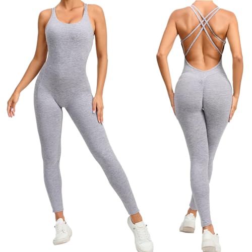 Image of Unitards for Women Backless Piece Jumpsuits Sleeveless Neck Bodycon Romper Seamless Workout Yoga Sports Racerback Jumpsuits (Grey, S)