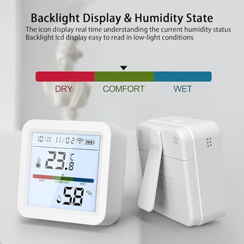 Smart WiFi Thermometer Hygrometer, WiFi Thermometer Monitor, Indoor Room Digital Temperature Humidity Sensor with APP Notification Alert, Data Storage, LCD Backlight, for Home Greenhouse Garage