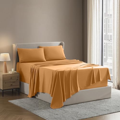 Image of Nestl Split King Bed Sheet Set - Light Orange - 5-Piece Deep Pocket | Instantly Soft, Night-One Ready (No Wash Required). Fits 16-Inch Deep Pockets, 360-Degree Elastic Grip