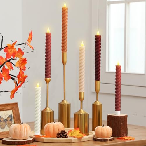 Image of Baquler 6 Pcs Fall Flameless Taper Candle Twisted LED 9.65 Inch Fall Taper Candles Battery Operated Twisted Candlesticks for Thanksgiving Harvest Wedding Birthday Home Party Dinner Fireplace Decor