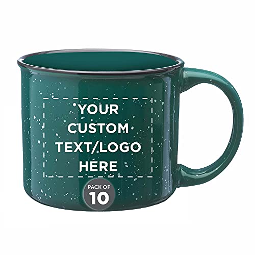 Custom Ceramic Campfire Mug 13 Oz. Set Of 10, Personalized Bulk Pack - Speckled Camping Tea Cups - Green #TOP7