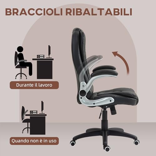 Sedia da Ufficio Ergonomica con Braccioli Ribaltabili e Poggiatesta, Sedia Scrivania Girevole con Altezza Regolabile e Funzione Dondolo in Pelle PU per Studio e Camera da Letto, Nero - Sedia gaming - Immagine 3