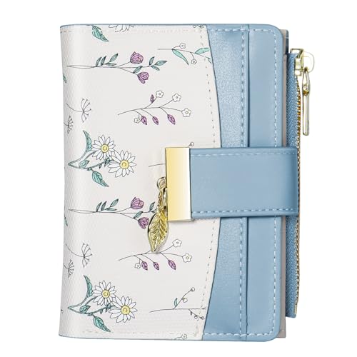 Image of Avando Wallets for Women- RFID Blocking- Soft PU Leather Bifold Coin Zipper Pocket Purse-Small flower wallet Credit Card Holder with ID Window (Blue)