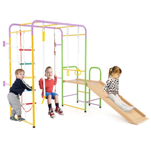COSTWAY 8 in 1 Set da Arrampicata per Bambini, Set Giocattoli Scivolo con Barre Scala Corda Anelli Ginnici e Altalena, Parco Giochi per Bambini 3 Anni +, Carico 100 kg