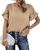 PRETTYGARDEN Womens Summer Tops 2026 Casual Ruffle Short Sleeve Crewneck Shirts Loose Basic Work Blouses Spring Outfits(Khaki,XX-Large)