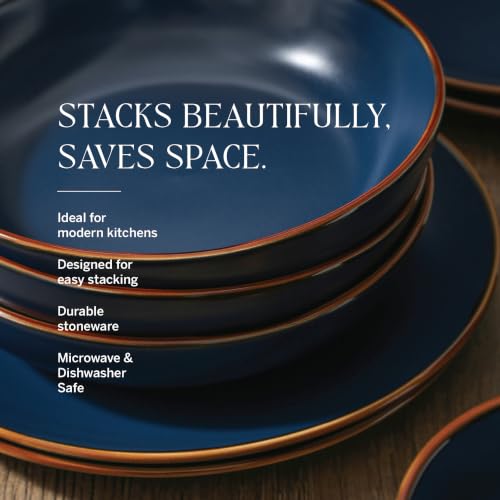 Image of Stone Lain Brasa Stoneware 32 Piece Modern Dinnerware Sets, Plates and bowls, Service for 8, Blue, Microwave & Dishwasher Safe