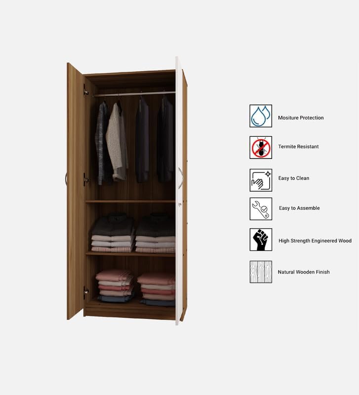 Image of Lara Multipurpose 2-Door Wardrobe | Engineered Wood | Spacious Shelves & Hanging Rail | Lyon Teak & White Finish | Durable & Space-Saving | Easy Knock-Down Assembly