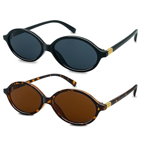 Chiseyhue Retro Oval Sunglasses for Women 90s Cute Designer Trendy (Black+Tortoise)