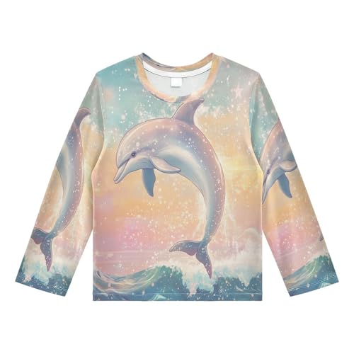 DOMIKING Sparkling Dolphin Ocean Wave Boys Long Sleeve Rashguard Shirt Kids Quick Dry Swim Shirt for Kids Toddler 9-10T