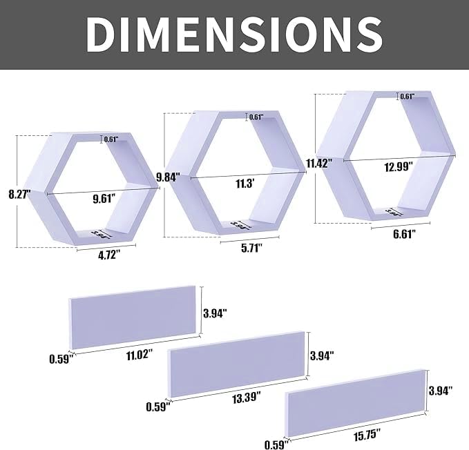 Image of Wooden Floating Wall Mounted Set of 6 Hexagon Shelves Display Shelf for Photos, Plants, Rustic Honeycomb Shelves for Living Room, Bedroom, Bathroom, Kitchen, Office (Purple)