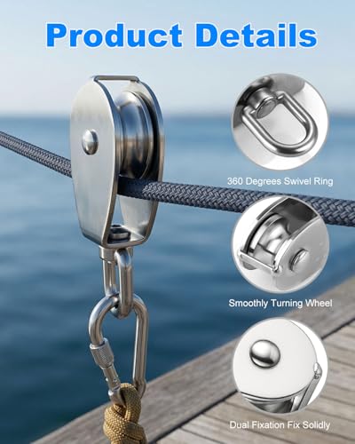 Image of Rocaris 6 Pack M25 Lifting Single Pulley Roller Loading 330Ibs | 304 Stainless Steel Heavy Duty Single Wheel Swivel Lifting Rope Pulley Block