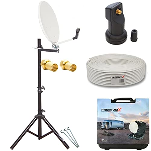 PremiumX Camping Satelliten-Anlage Mobile Satellitenschüssel SAT TV Single LNB 10m Kabel 2X F-Stecker Koffer Camp Stativ