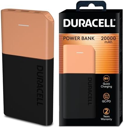 Duracell 20000 MAH Slimmest Power Bank with 1 Type C PD and 2 USB A Port, 22.5W Fast Charging Portable Charger to Charges 3 Devices Simultaneously for iPhones, Android Phones, Smart Watches & More