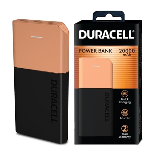 Duracell 20000 MAH Slimmest Power Bank with 1 Type C PD and 2 USB A Port, 22.5W Fast Charging Portable Charger to Charges 3 Devices Simultaneously for...