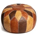 Thgonwid Unstuffed Moroccan Faux Leather Pouf Ottoman with Storage - Handmade Boho Chic Multi-Use Footrest for Living Room, Bedroom, Patio - Round Ethnic Floor Cushion & Decorative Accent, Tricolor