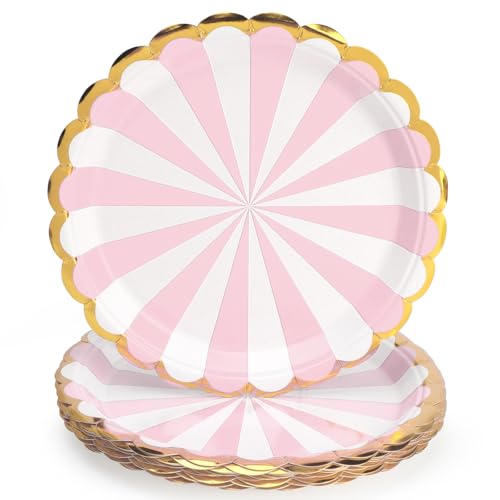 PARTY GO 16 Pcs 7 Paper Plates for Dinner and Dessert Disposable Plates Party Supplies Pack for Graduation Holiday Wedding Birthday Party Baby Shower Decorations Pink